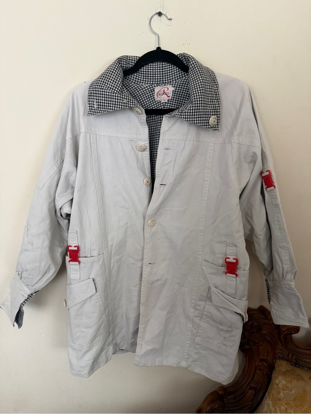 Light Greige Utility Jacket with Red Buckle Accents Many Pockets Check Liner
